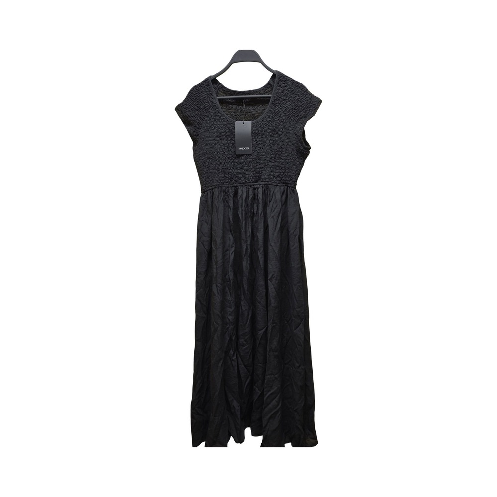 KOJOOIN Black Smocked Midi Dress Short Cap Sleeve Scoop Neck Casual Size L NEW